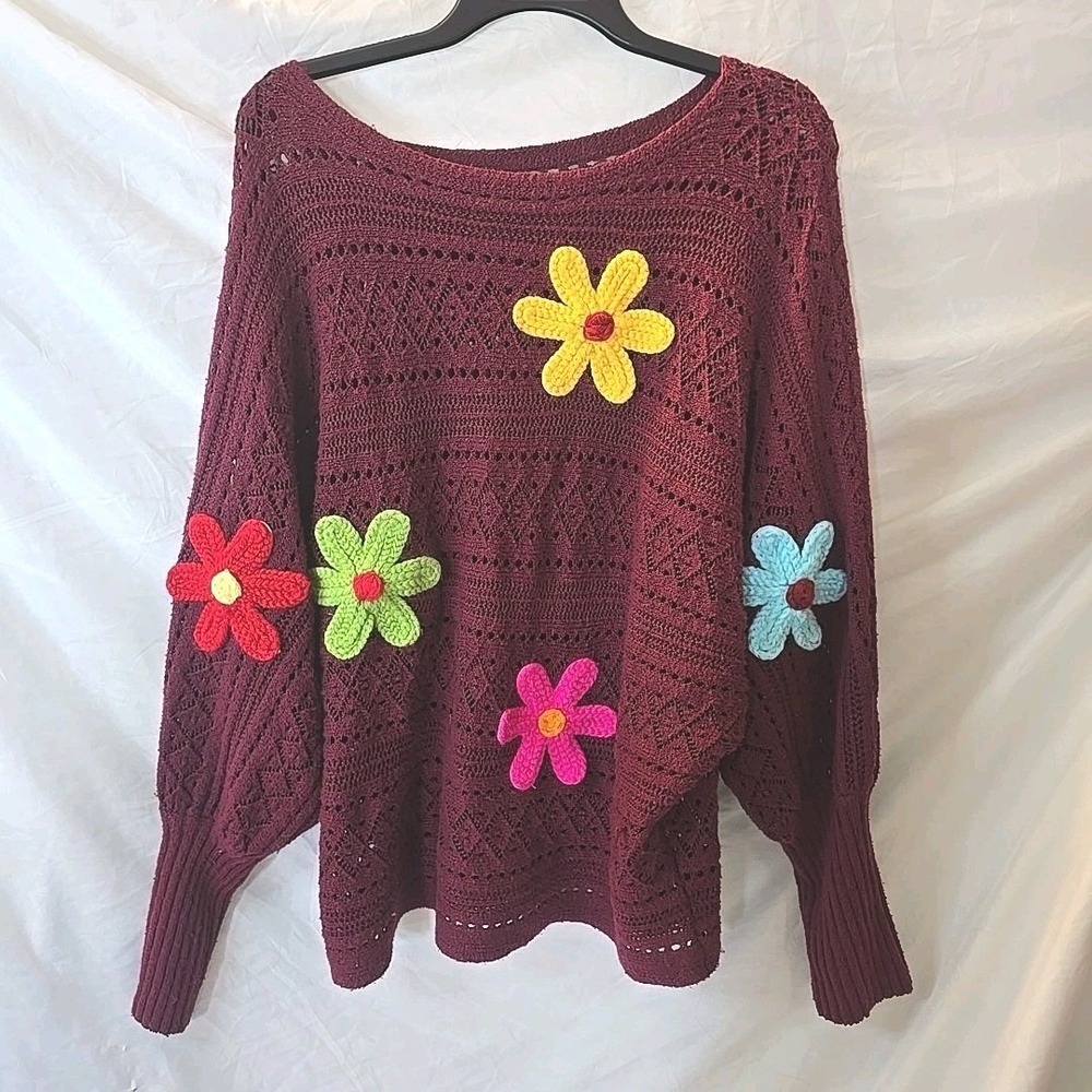 Burgundy Open Knit Sweater W/colorful Crochet Floral Appliques Artsy Boho Hippie